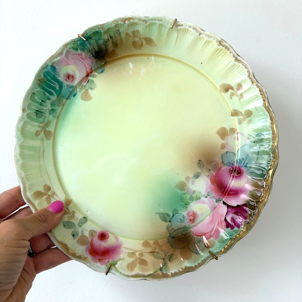 Vintage Hand Painted Floral Porcelain Plate Pink Roses Gold Scalloped Edge Decor